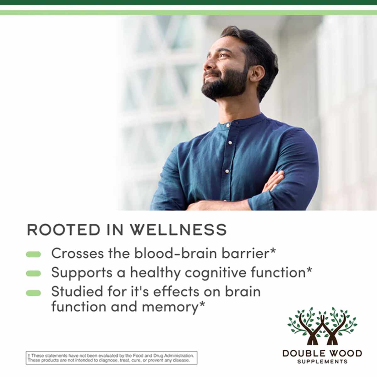 Man in blue shirt looking upward with "Rooted in Wellness" text and product benefit claims below.