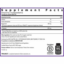 Supplement Facts label for New Chapter Magnesium + L-Theanine powder with ingredient information and certifications.