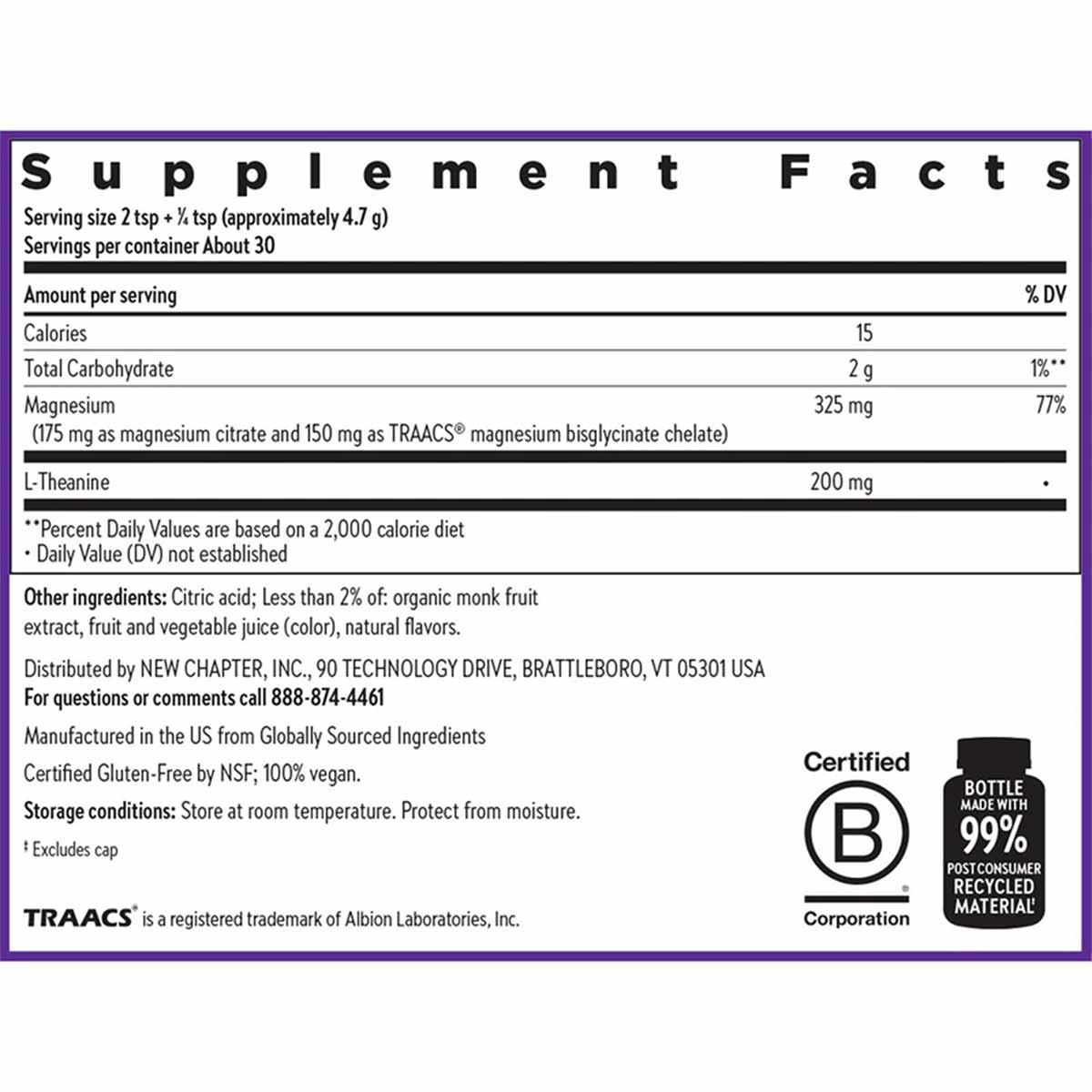Supplement Facts label for New Chapter Magnesium + L-Theanine powder with ingredient information and certifications.