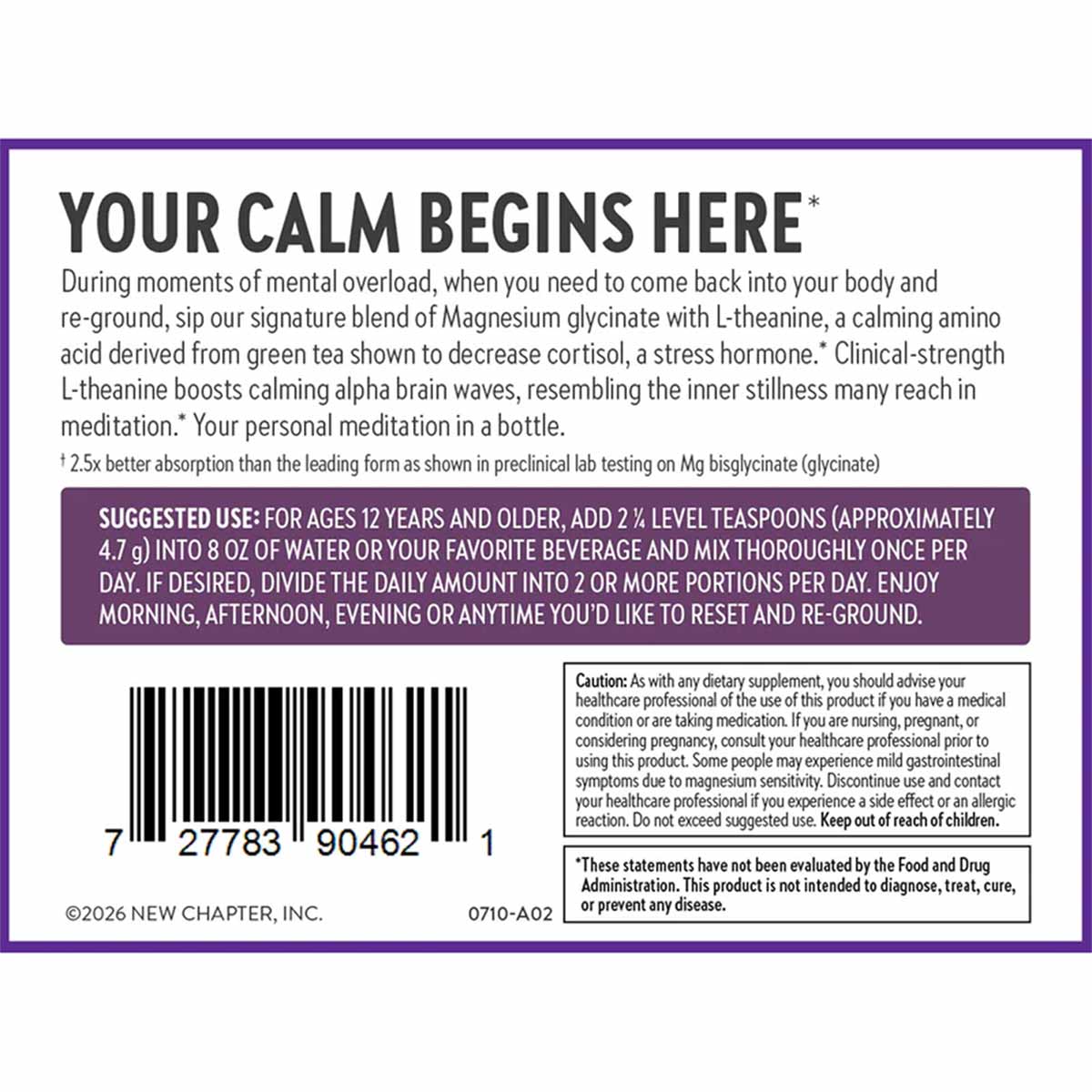 Back of New Chapter Magnesium + L-Theanine supplement label with product description, usage instructions, barcode, and cautio