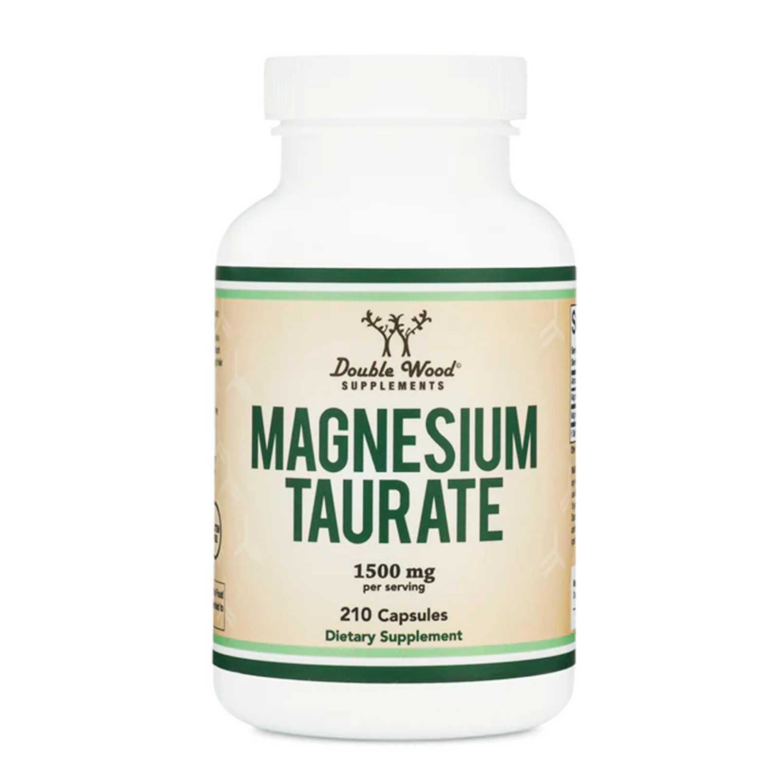 White bottle of Double Wood Supplements Magnesium Taurate dietary supplement containing 210 capsules at 1500 mg per serving.