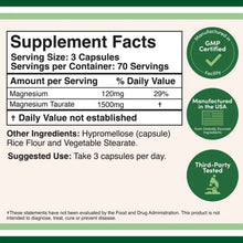 Supplement Facts label for Magnesium Taurate capsules showing 120mg magnesium and 1500mg magnesium taurate per serving.