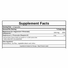 Supplement Facts label for Magtein Magnesium L-Threonate showing serving size, ingredients, and daily values.