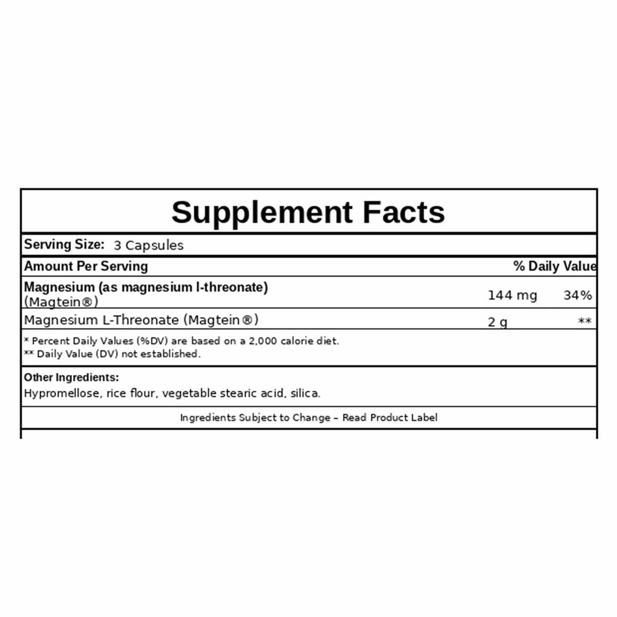 Supplement Facts label for Magtein Magnesium L-Threonate showing serving size, ingredients, and daily values.