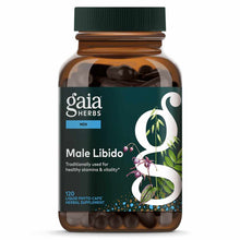 Gaia Herbs Male Libido supplement bottle with green cap containing 120 dark capsules.