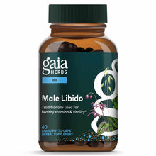 Amber glass bottle of Gaia Herbs Male Libido supplement with green cap containing 60 liquid phyto-capsules.