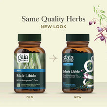 Two brown glass bottles of Gaia Herbs Male Libido supplement showing old and new label designs side by side.
