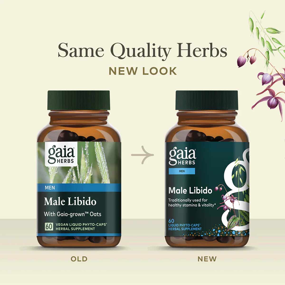 Two brown glass bottles of Gaia Herbs Male Libido supplement showing old and new label designs side by side.