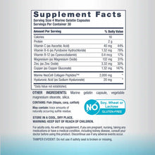 Supplement Facts label showing Marine Collagen Peptides and Hyaluronic Acid dosage information with vitamins and minerals per
