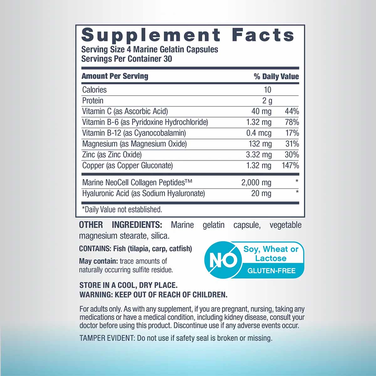 Supplement Facts label showing Marine Collagen Peptides and Hyaluronic Acid dosage information with vitamins and minerals per