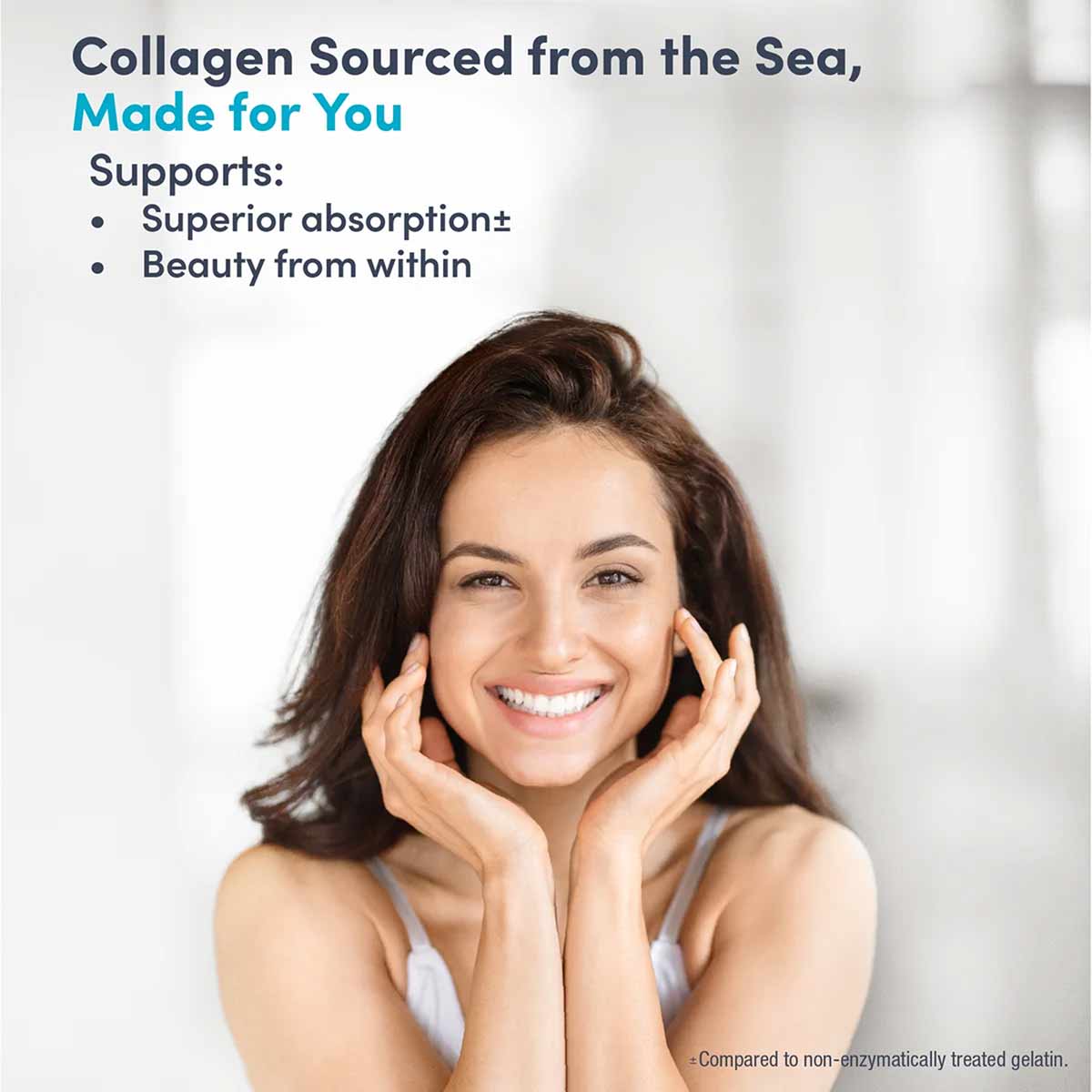 Woman with brown hair touching her face, smiling at camera with text about marine collagen peptides and hyaluronic acid suppl