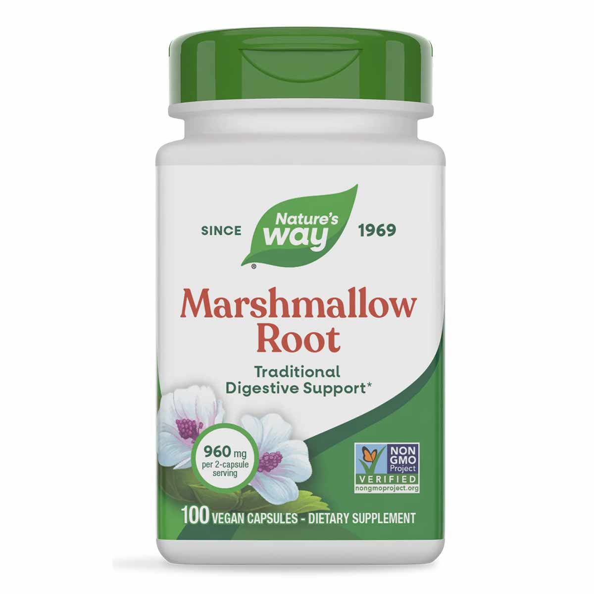 Nature's Way Marshmallow Root supplement bottle with green cap and label, containing 100 vegan capsules at 960mg per serving.