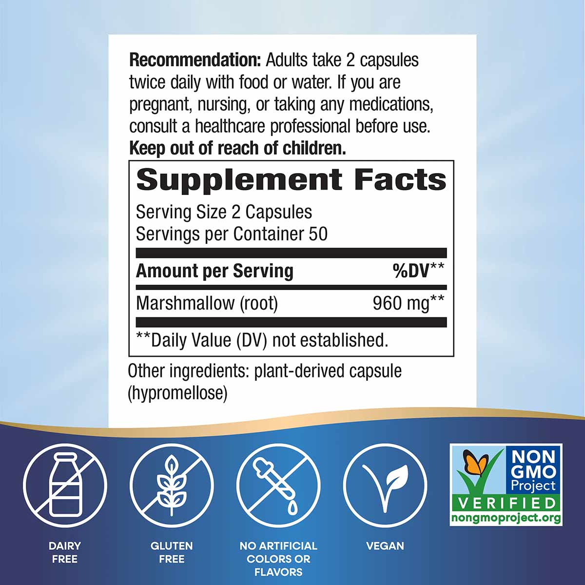 Supplement Facts label for Marshmallow Root capsules showing 960 mg per serving, dosage recommendations, and certifications f