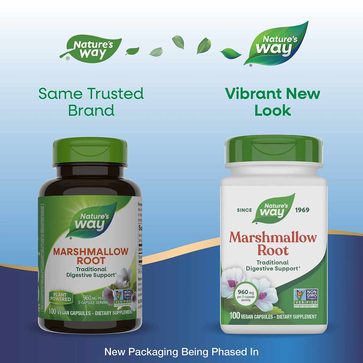 Two Nature's Way Marshmallow Root supplement bottles side by side, showing old dark green packaging on left and new white pac