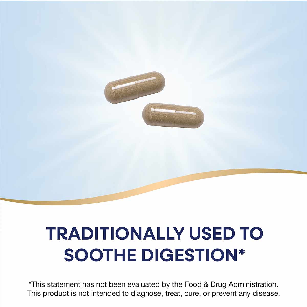 Two tan herbal supplement capsules against a light blue background.