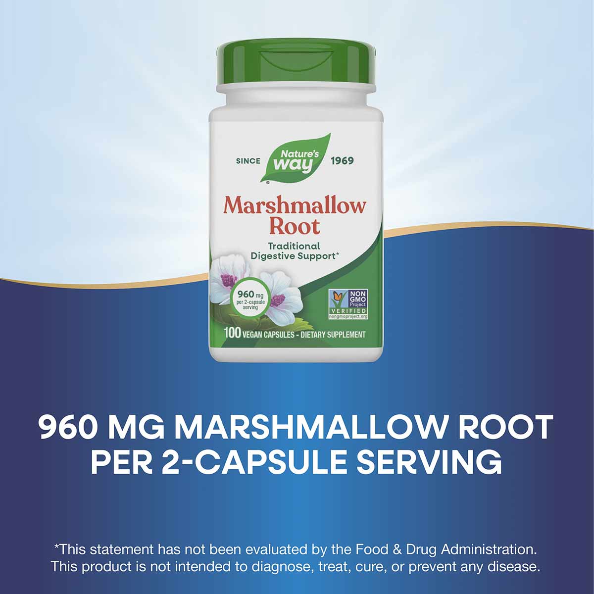Nature's Way Marshmallow Root supplement bottle with green cap containing 100 vegan capsules.