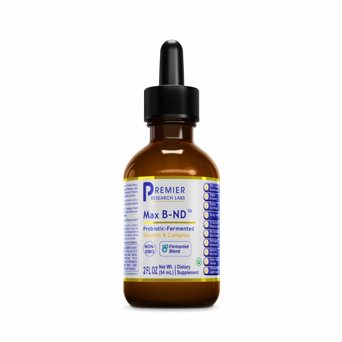 Brown glass dropper bottle of Max B-ND Vitamin B Complex supplement by Premier Research Labs, 2 fl oz size.