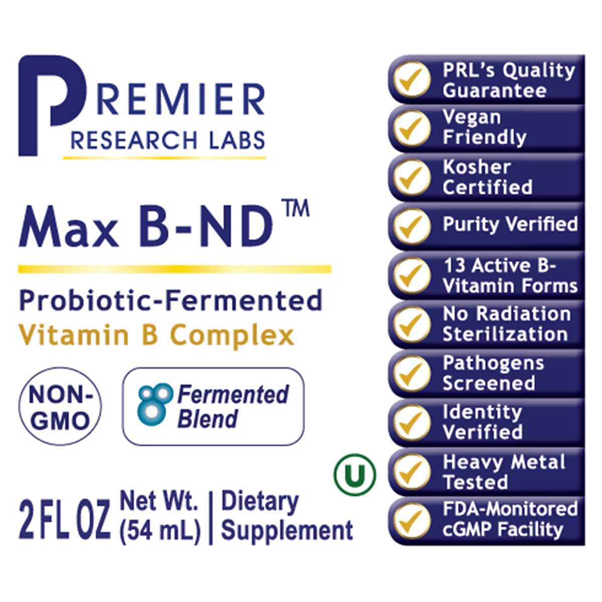 Premier Research Labs Max B-ND probiotic-fermented vitamin B complex supplement bottle, 2 FL OZ, with quality certification b