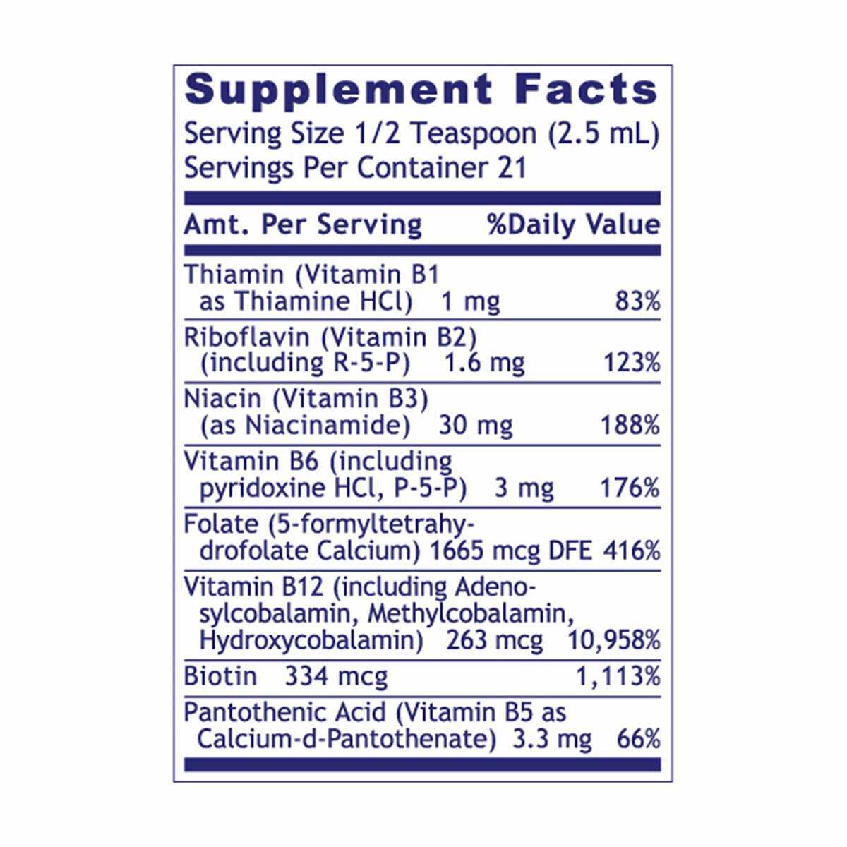 Supplement Facts label for Max B-ND B Vitamin Complex showing serving size, ingredients, and daily value percentages for B vi