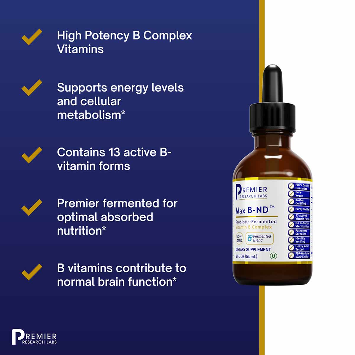 Brown glass dropper bottle of Max B-ND vitamin B complex supplement by Premier Research Labs with black cap and product label