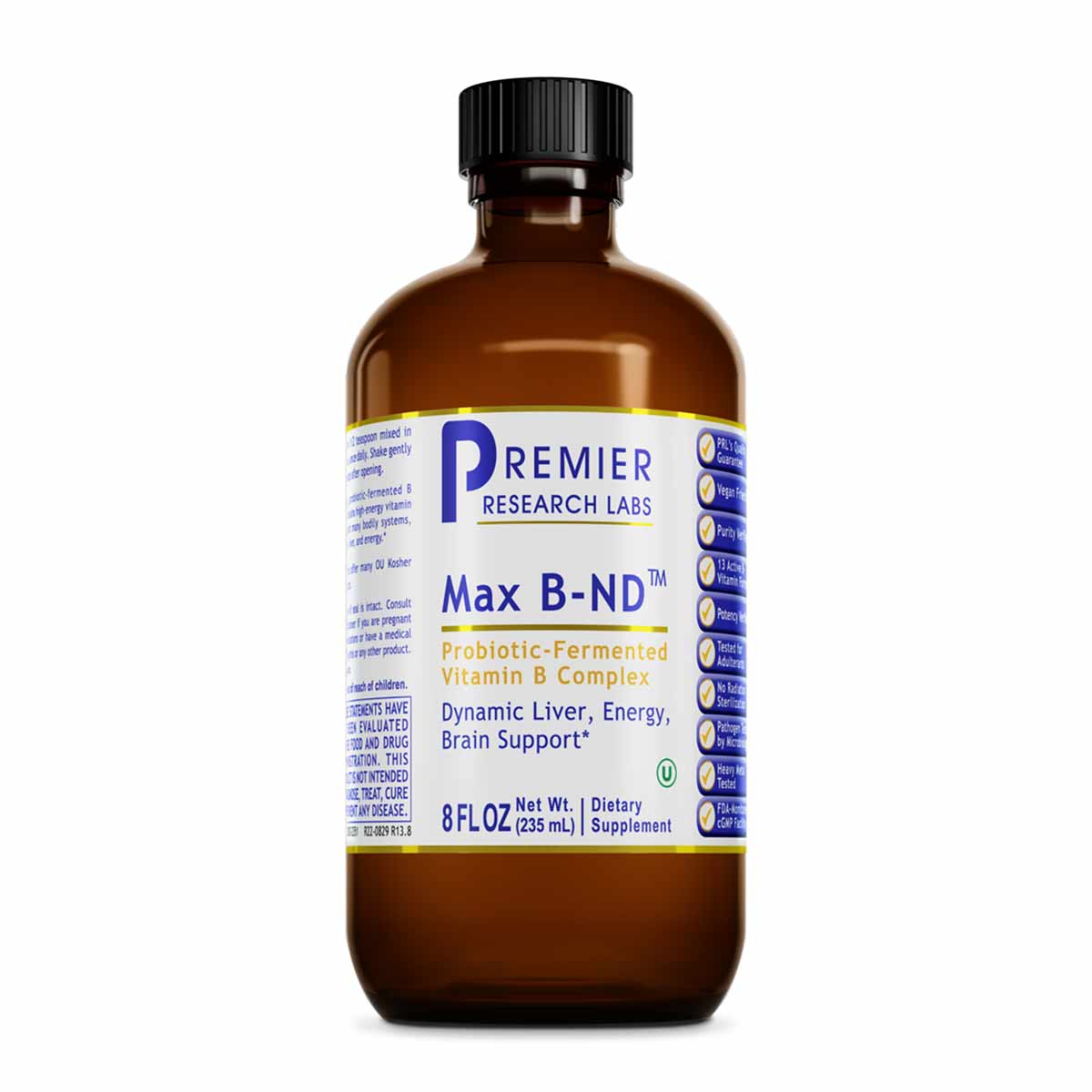 Brown glass bottle of Max B-ND Probiotic-Fermented Vitamin B Complex by Premier Research Labs, 8 fl oz, with black cap and wh