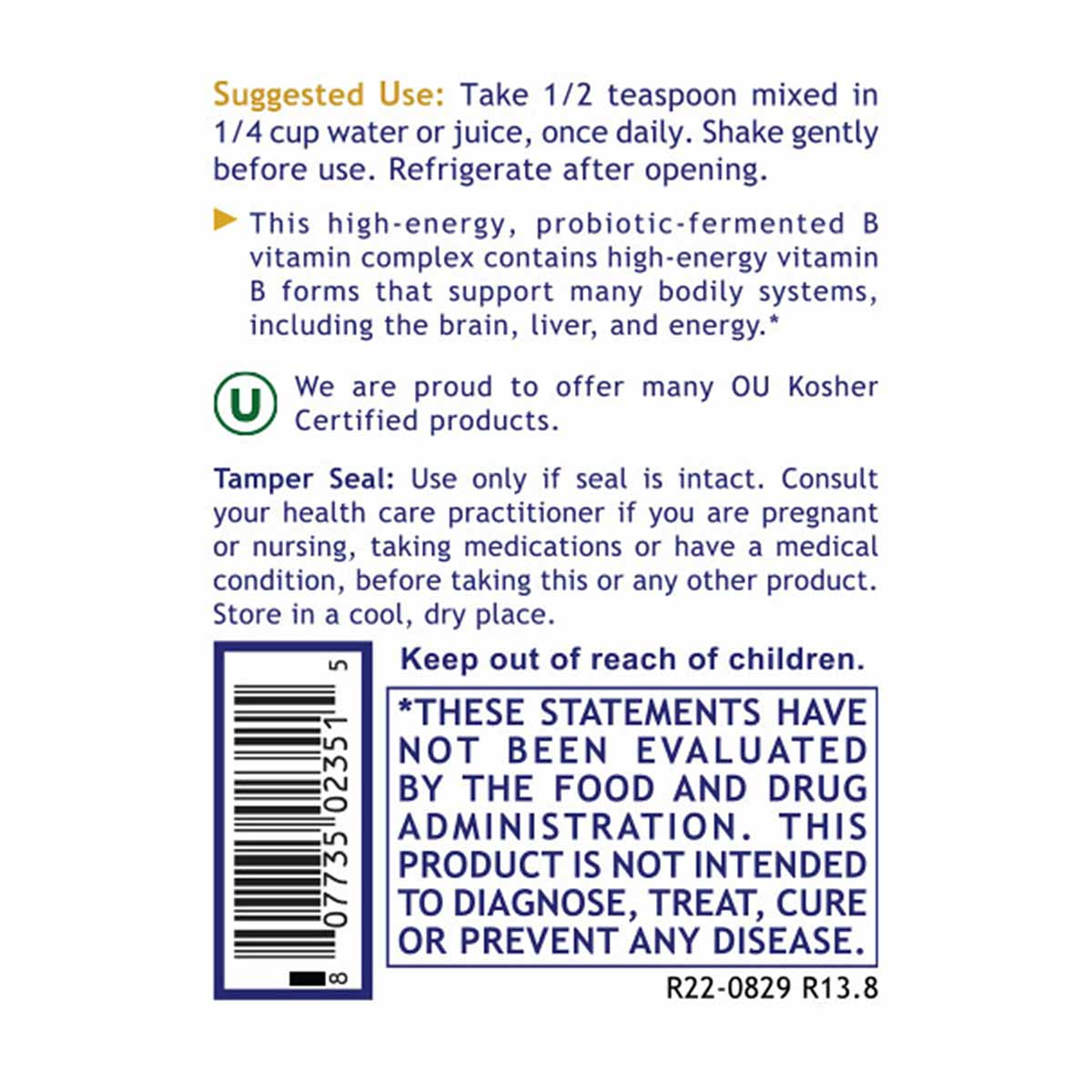 Supplement label for Max B-ND B Vitamin Complex showing usage instructions, OU Kosher certification, tamper seal warning, and