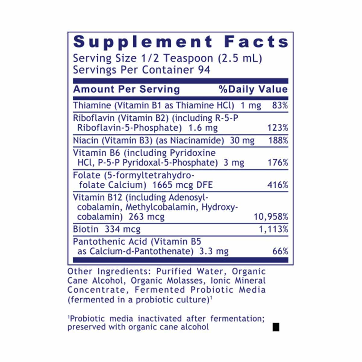 Supplement Facts label showing B vitamin complex ingredients including thiamine, riboflavin, niacin, B6, folate, B12, biotin,