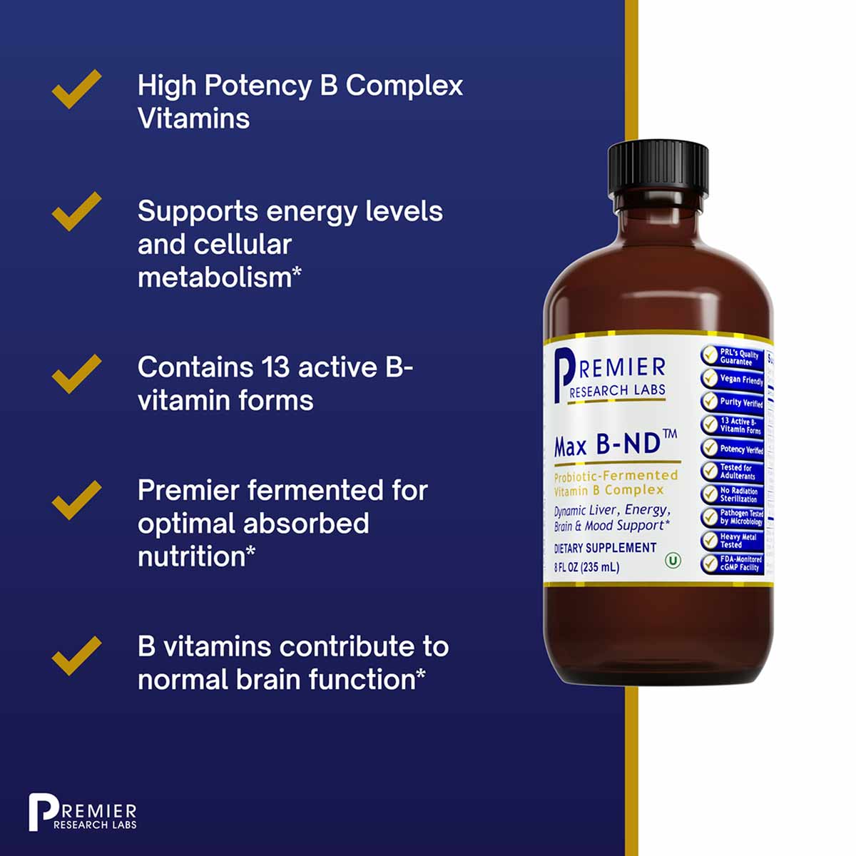 Brown glass bottle of Max B-ND B Vitamin Complex by Premier Research Labs, 8 fl oz, with black cap and white label.