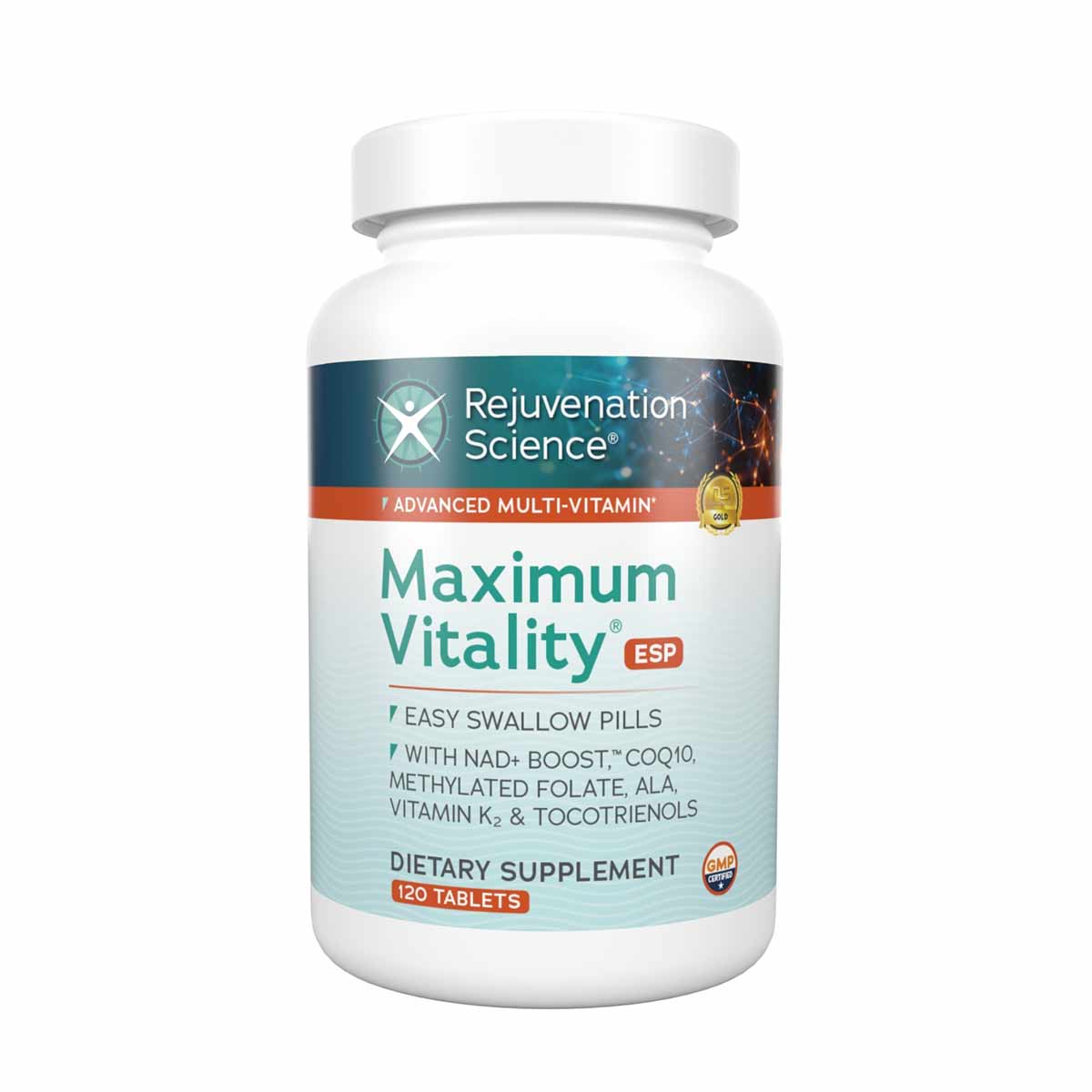 White bottle of Maximum Vitality ESP dietary supplement tablets by Rejuvenation Science with teal and orange label, 120 count