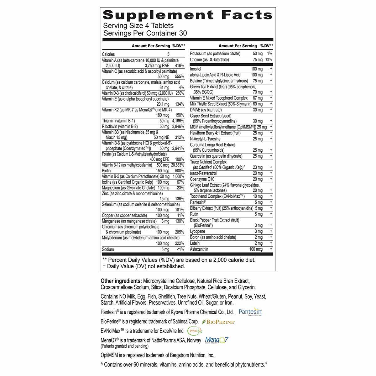 Supplement Facts label for Maximum Vitality ESP showing serving size, nutritional information, and ingredient list with vitam
