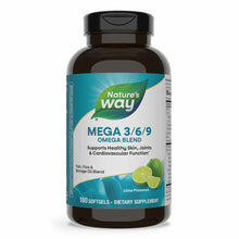 Dark brown glass bottle with black cap labeled "Nature's Way Mega 3/6/9 Omega Blend," lime-flavored, 180 softgels.
