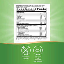 Supplement Facts label for Mega 3-6-9 Omega Blend softgels showing nutritional information and ingredients on green backgroun