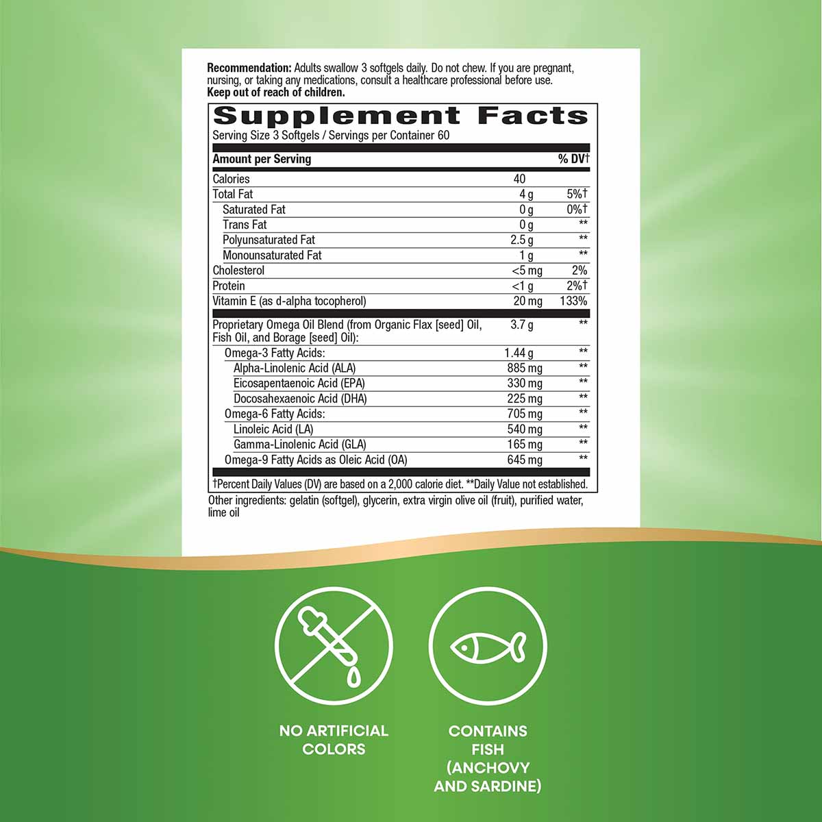 Supplement Facts label for Mega 3-6-9 Omega Blend softgels showing nutritional information and ingredients on green backgroun