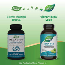 Two bottles of Nature's Way Mega 3/6/9 Omega Blend supplement showing old and new packaging designs side by side.