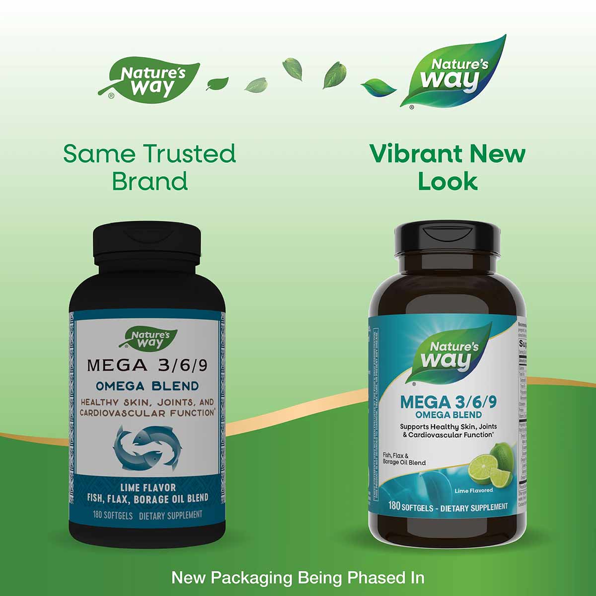 Two bottles of Nature's Way Mega 3/6/9 Omega Blend supplement showing old and new packaging designs side by side.