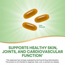 Three golden-brown oval softgel capsules labeled "Lime Flavored" on a green gradient background.