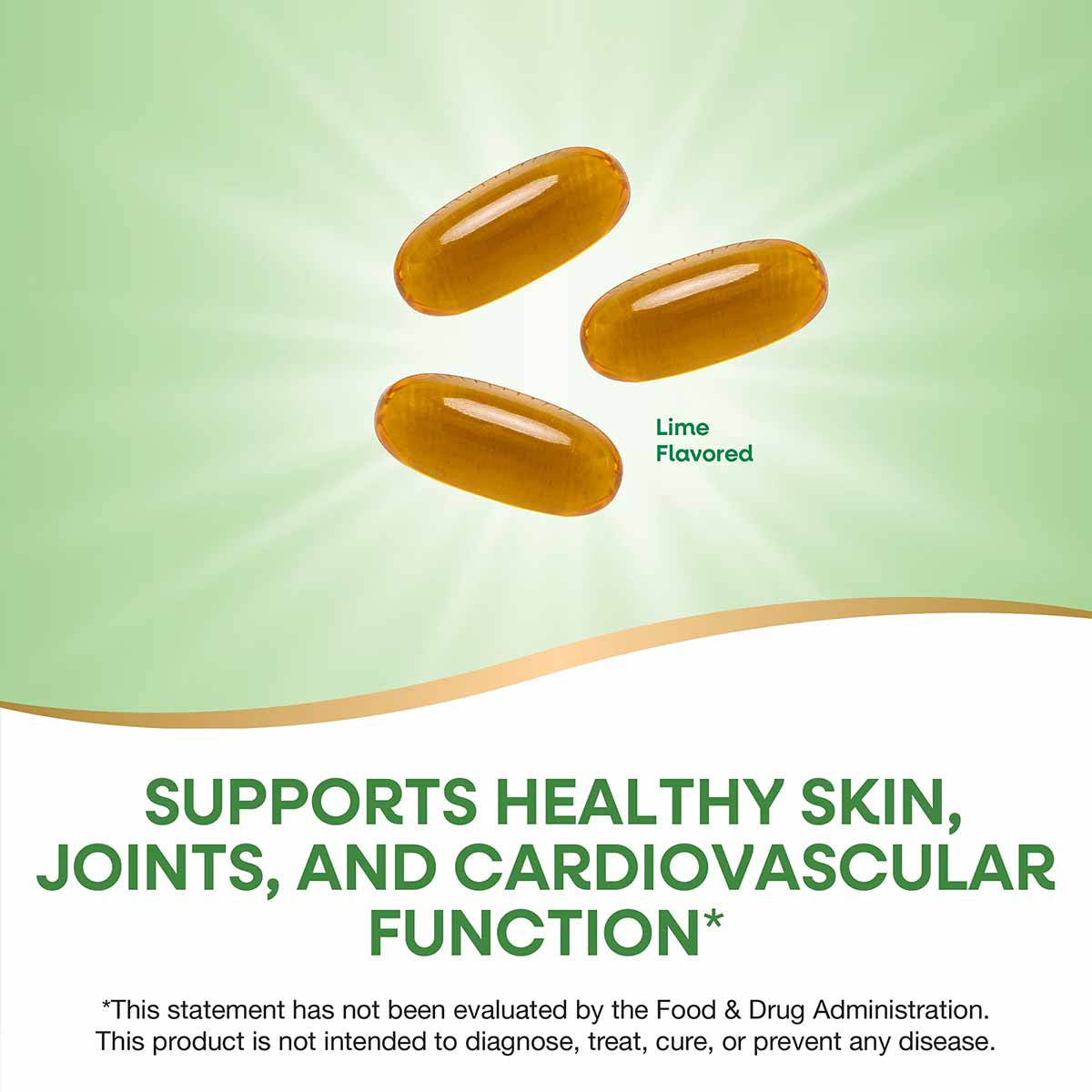 Three golden-brown oval softgel capsules labeled "Lime Flavored" on a green gradient background.