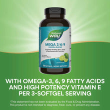 Brown bottle of Nature's Way Mega 3-6-9 Omega Blend with lime flavored softgels, 180 count dietary supplement.