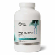 White capsule bottle labeled "Mega IgG2000" by Microbiome Labs containing 120 capsules, with teal and green accents on the la