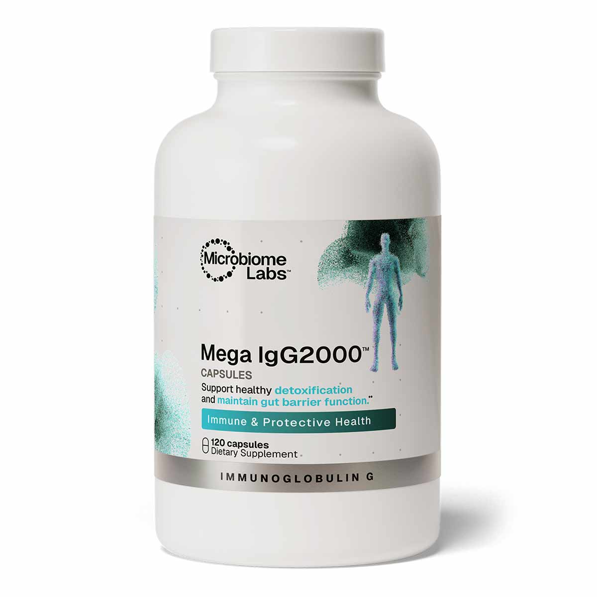 White capsule bottle labeled "Mega IgG2000" by Microbiome Labs containing 120 capsules, with teal and green accents on the la
