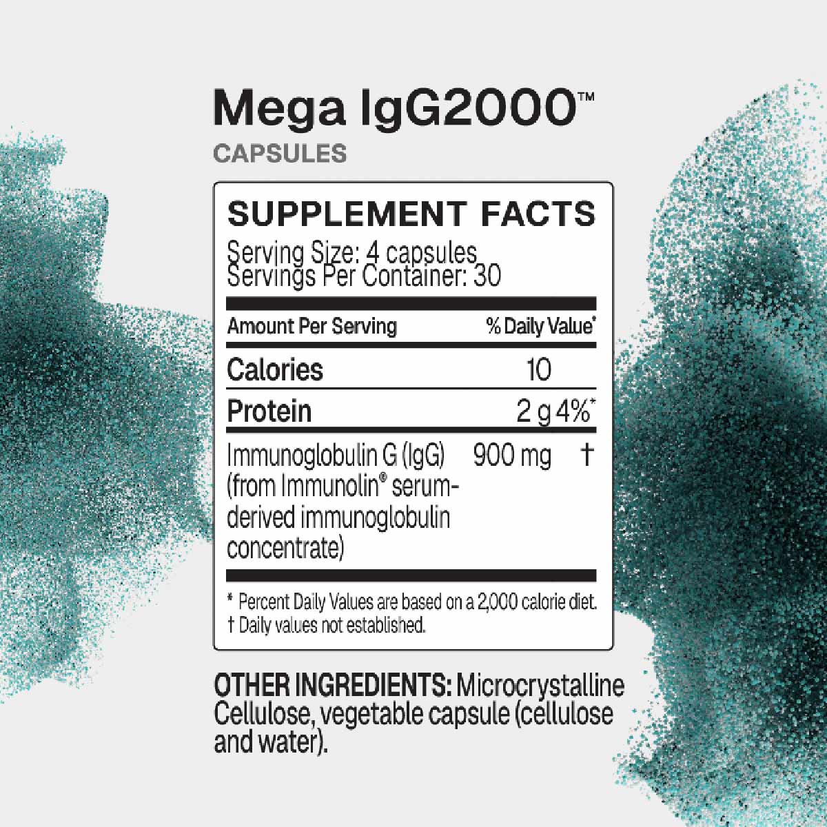 Mega IgG2000 supplement capsule bottle label showing nutrition facts and ingredients with teal powder accents.