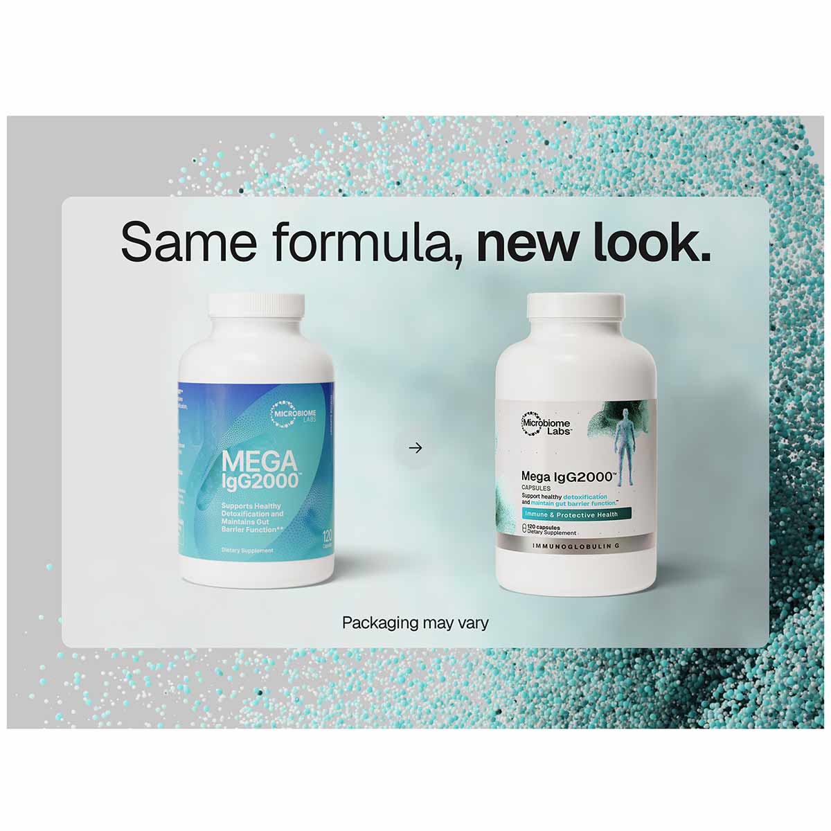 Two white supplement bottles labeled Mega IgG2000 by Microbiome Labs, showing old and new packaging designs side by side.