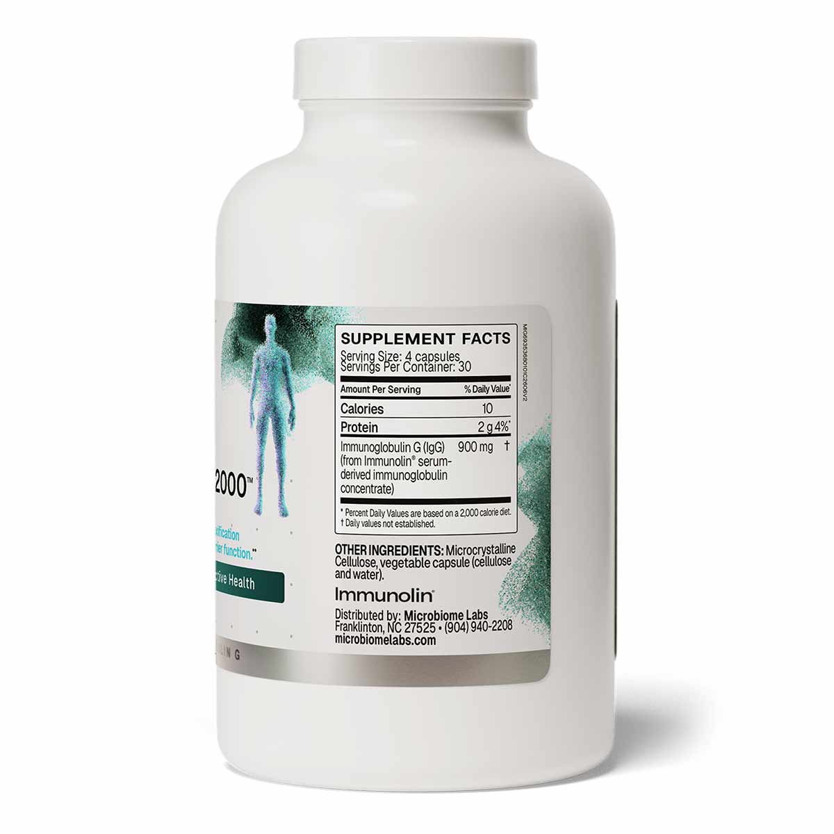 White bottle of Mega IgG2000 by Microbiome Labs with supplement facts label and human figure graphic.