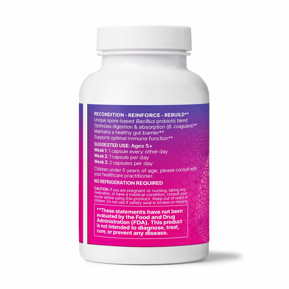 White bottle with purple label containing Mega SporeBiotic capsules and usage instructions.