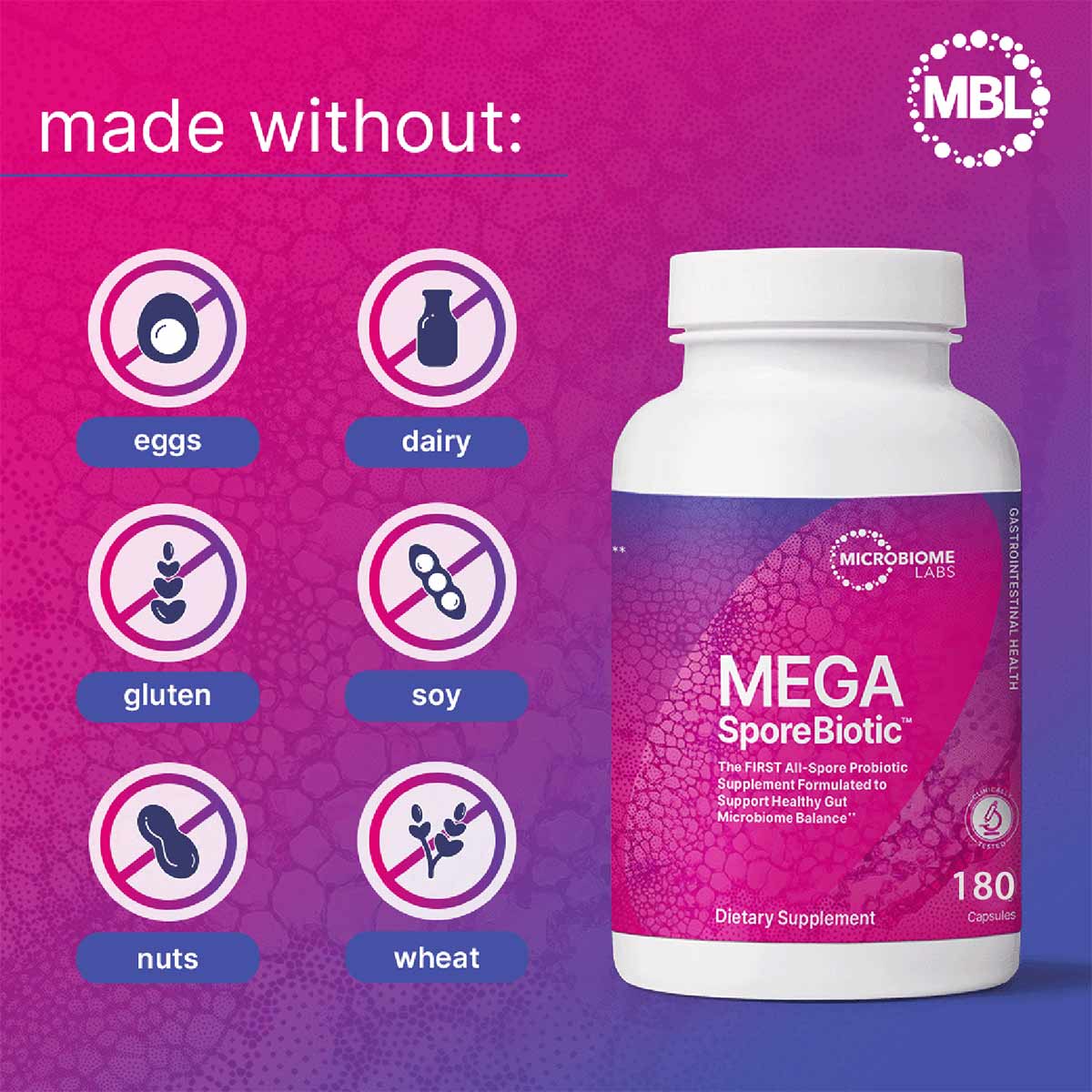 White bottle of Mega SporeBiotic dietary supplement with pink and purple gradient label showing allergen-free icons.