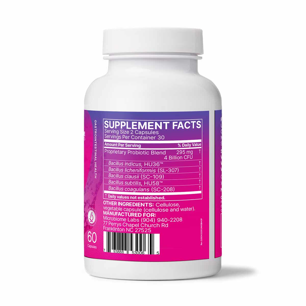 White bottle with magenta label containing Mega SporeBiotic probiotic capsules, 60 count, by Microbiome Labs.