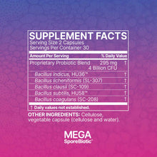 Supplement Facts label for Mega SporeBiotic showing serving size, probiotic blend ingredients, and other components on purple
