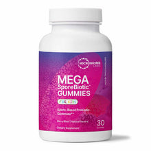 White bottle with purple and pink label for Mega SporeBiotic Gummies For Kids, 30 count, Berry Blast flavor.