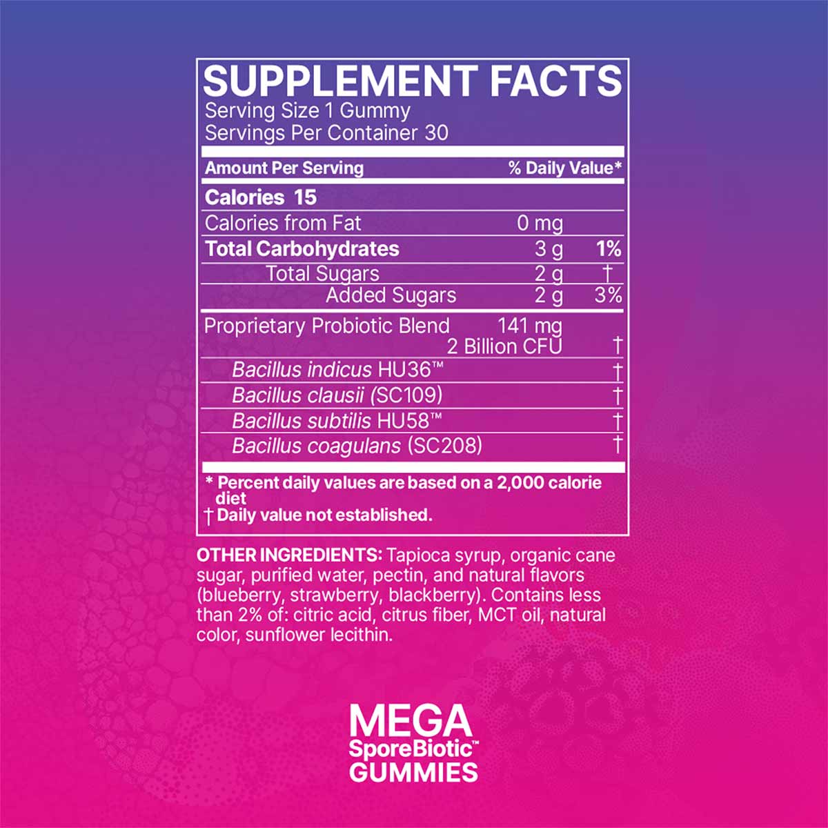 Supplement facts label for Mega SporeBiotic Gummies showing nutritional information and probiotic ingredients on purple and p