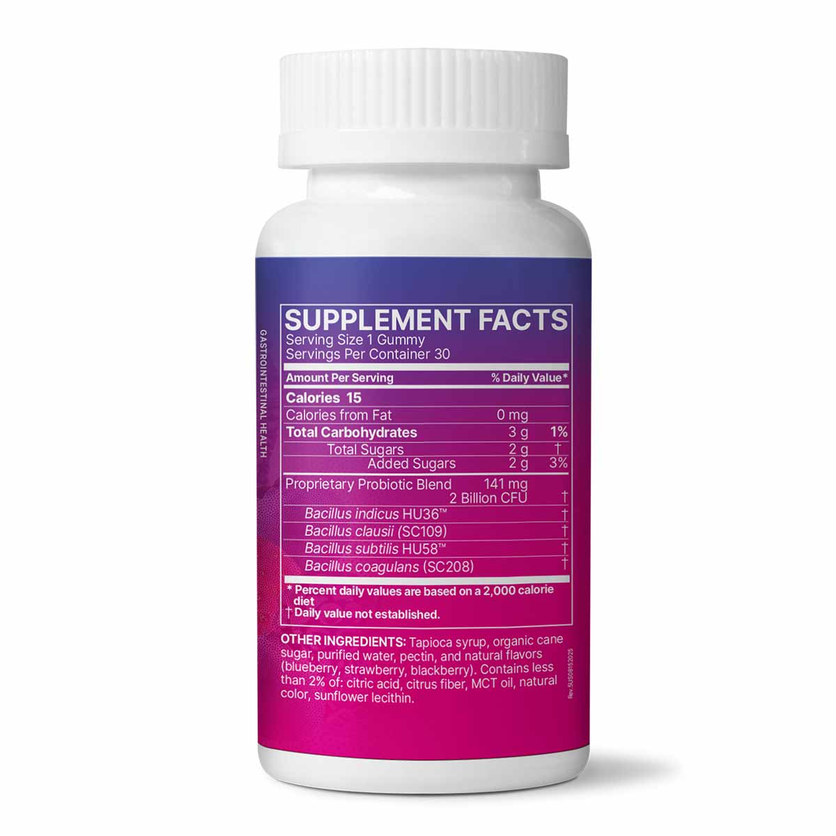Bottle of probiotic gummies with white cap and purple label displaying supplement facts and ingredient information.
